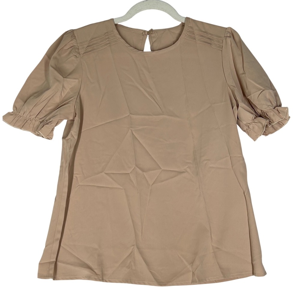 Kohl's Beige Short-Sleeved Blouse Elastic Cuffs Single Button Back Womens S NWOT